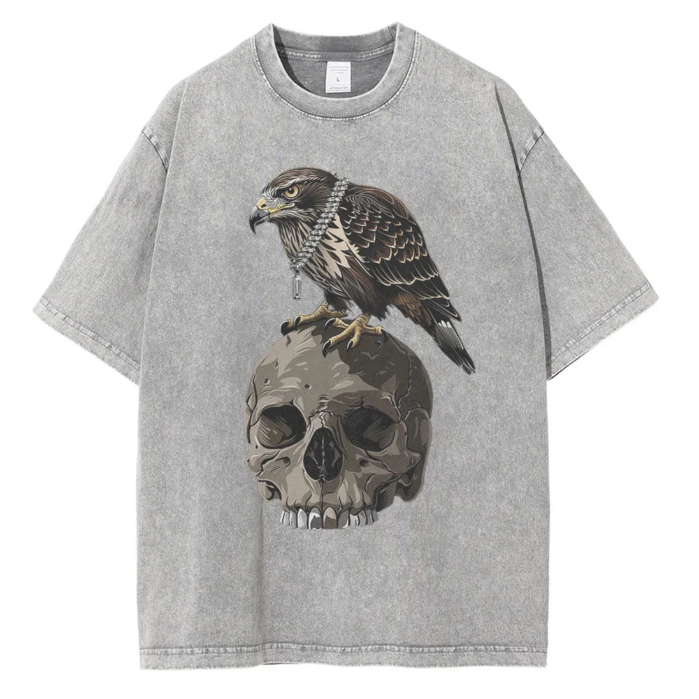 Men Fashion Washed Cotton Eagle Skull Printed Vintage Loose Tees Tops Shirt