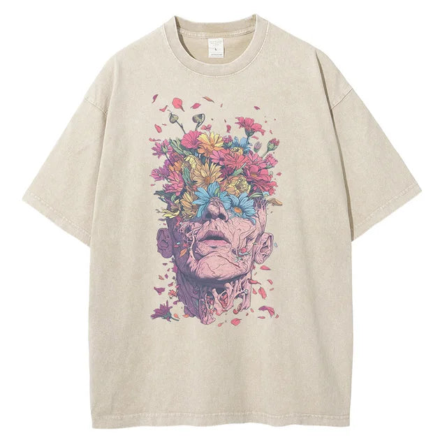 Men Fashion Cotton Flowers Human Eyes Heads Vintage Loose Shirts Tops