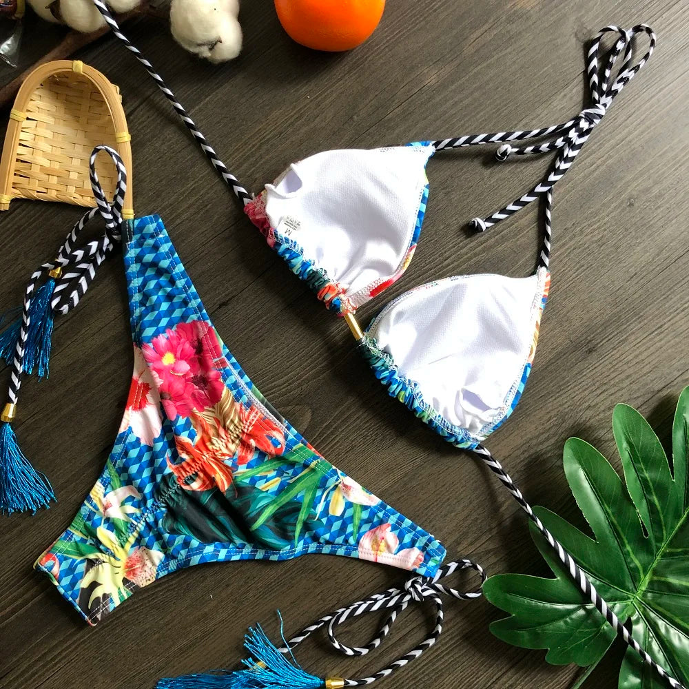 Sexy Micro Feather Print Bandage Swimwear Bathing Brazilian Bikini Suit
