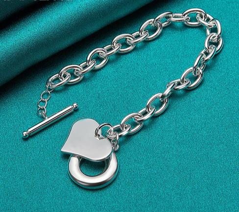 925 Sterling Silver Love Heart Pendant Chain Woman Wedding Engagement Fashion Charm Bracelet