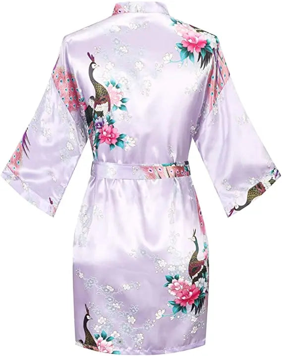 Women Satin Print Bathrobe Short Long Kimono Wedding Bridesmaids Robe Night Gown Dress