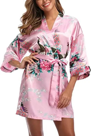 Women Satin Print Bathrobe Short Long Kimono Wedding Bridesmaids Robe Night Gown Dress