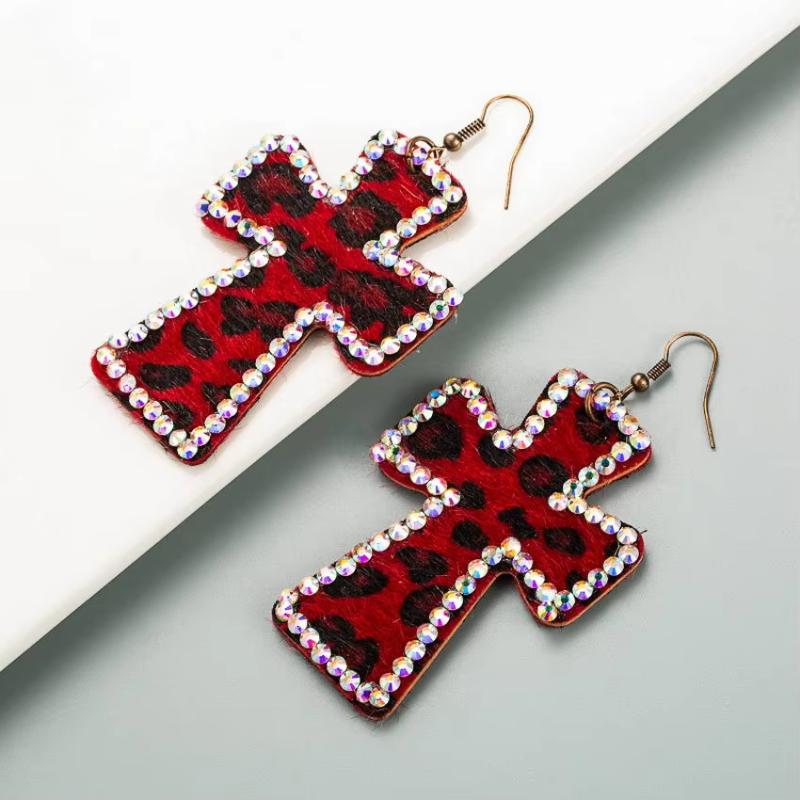 Women Fashion Crystal Accented Leather Leopard Cross Drop Earrings