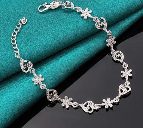 925 Sterling Silver Full Heart Love Flower Chain Women Wedding Engagement Party Bracelet