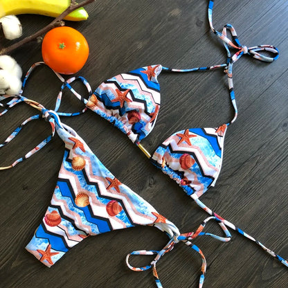 Sexy Micro Feather Print Bandage Swimwear Bathing Brazilian Bikini Suit