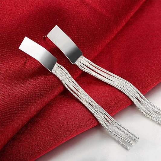 925 Sterling Silver Long Tassel Charm Women Fashion Wedding Engagement Party Earrings