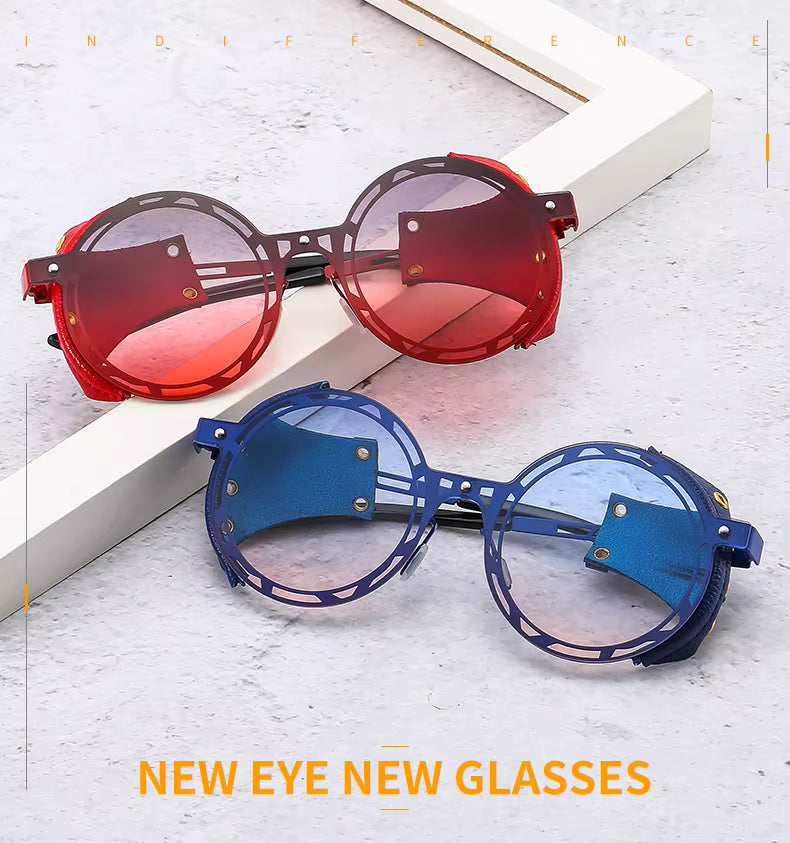 Oversized Men Women Vintage Designer Punk Metal Shades Round Steampunk Leather Eyeglasses UV400 Sunglasses