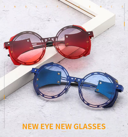 Oversized Men Women Vintage Designer Punk Metal Shades Round Steampunk Leather Eyeglasses UV400 Sunglasses
