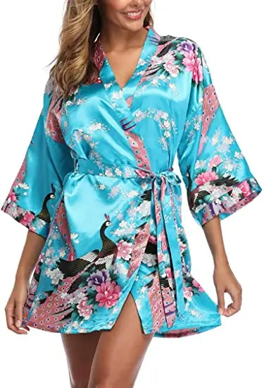 Women Satin Print Bathrobe Short Long Kimono Wedding Bridesmaids Robe Night Gown Dress