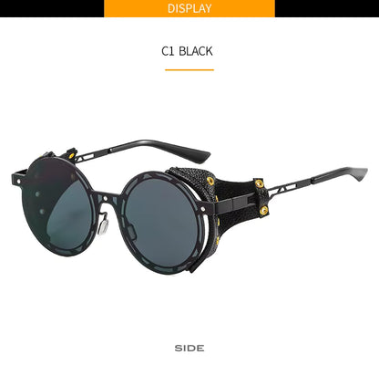 Oversized Men Women Vintage Designer Punk Metal Shades Round Steampunk Leather Eyeglasses UV400 Sunglasses