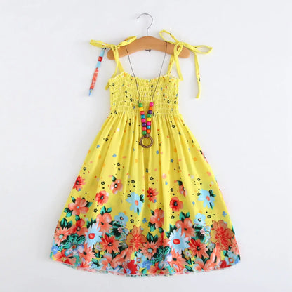 Kids Girls Floral Sling Ruffles Bohemian Beach Princess Birthday Party Dress w/ Necklace