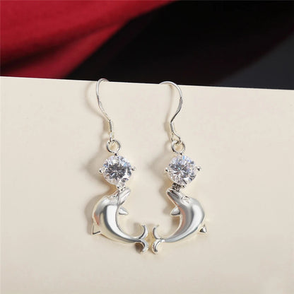 925 Sterling Silver Dolphin Zircon Women Wedding Engagement Party Drops Earrings
