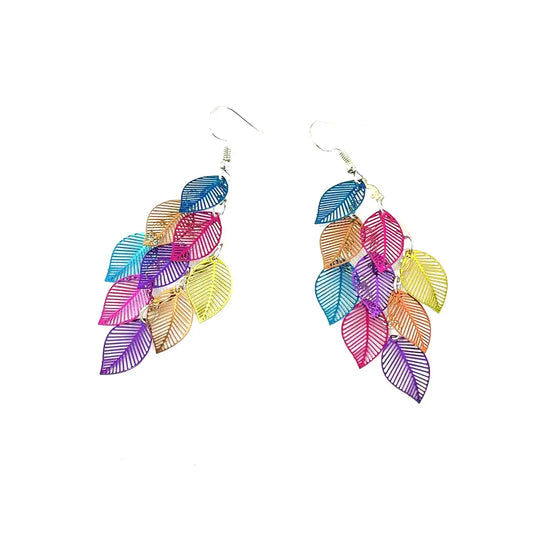 Women Hollow Leaf Mixed Color Bohemia Long Dangle Earrings