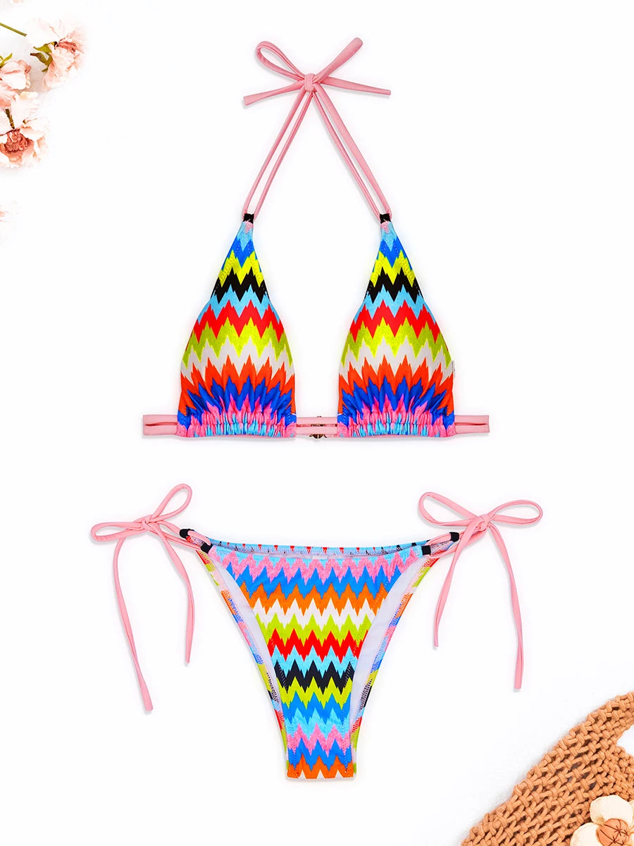 2pcs Women Hollow Out Halter Bikini Colorful Padded Swimwear Bathing Swim Suit