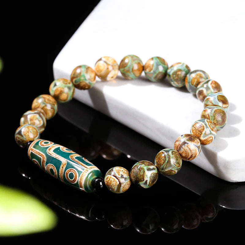 Women Men Retro Healing Buddha Prayer Natural Green Nine Eyes Tibetan Agate Barrel Beads Bracelet