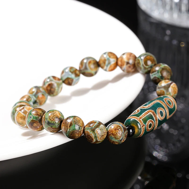 Women Men Retro Healing Buddha Prayer Natural Green Nine Eyes Tibetan Agate Barrel Beads Bracelet