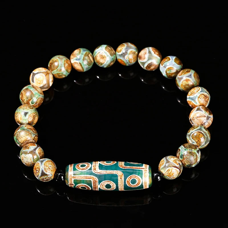 Women Men Retro Healing Buddha Prayer Natural Green Nine Eyes Tibetan Agate Barrel Beads Bracelet