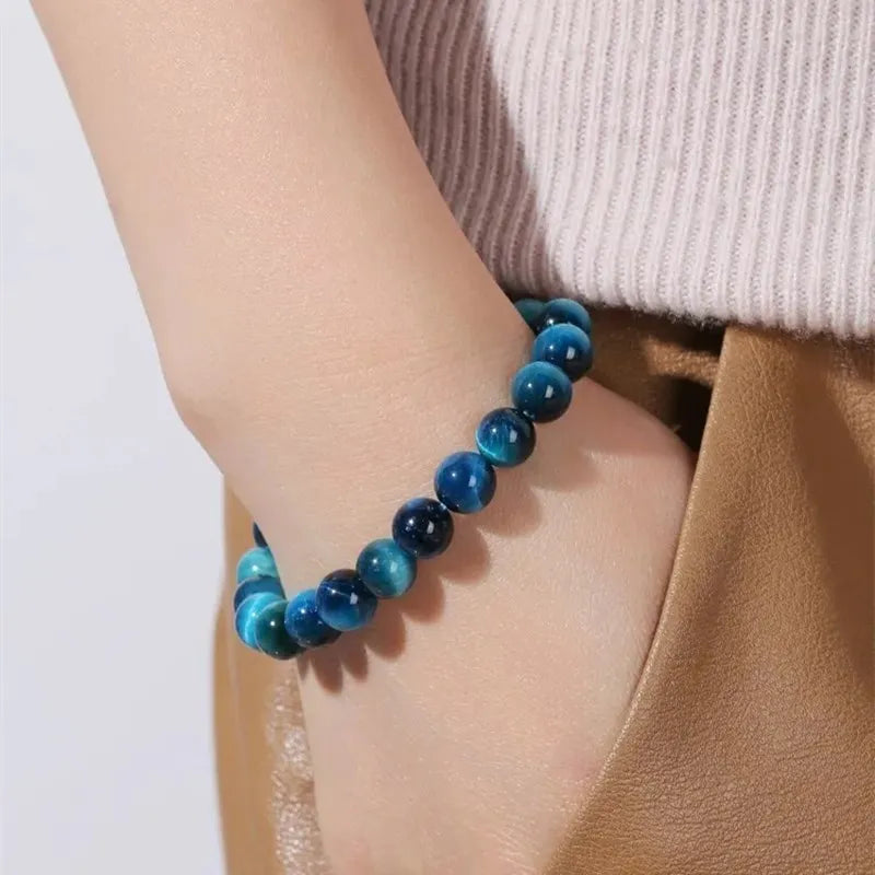 Natural Stone Blue Tiger Eye Beaded Women Men Healing Bangles Bracelets