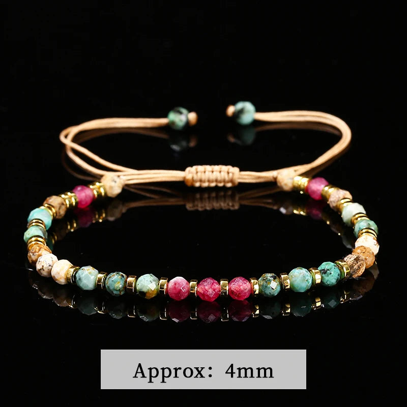 Natural Stone Faceted Africa Turquoises Colored Chalcedony Braided Boho Handmade Rope Adjustable Bracelet