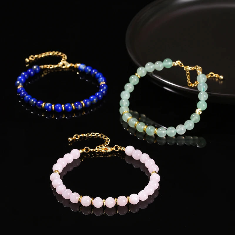 Natural Stone Aventurine Agate 6mm Bead Stainless Steel Women Handmade Adjustable Bracelets