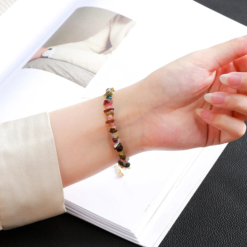 Women Adjustable Chip Natural Stone Mixed Tourmaline Gravel Lucky Chain Bracelet