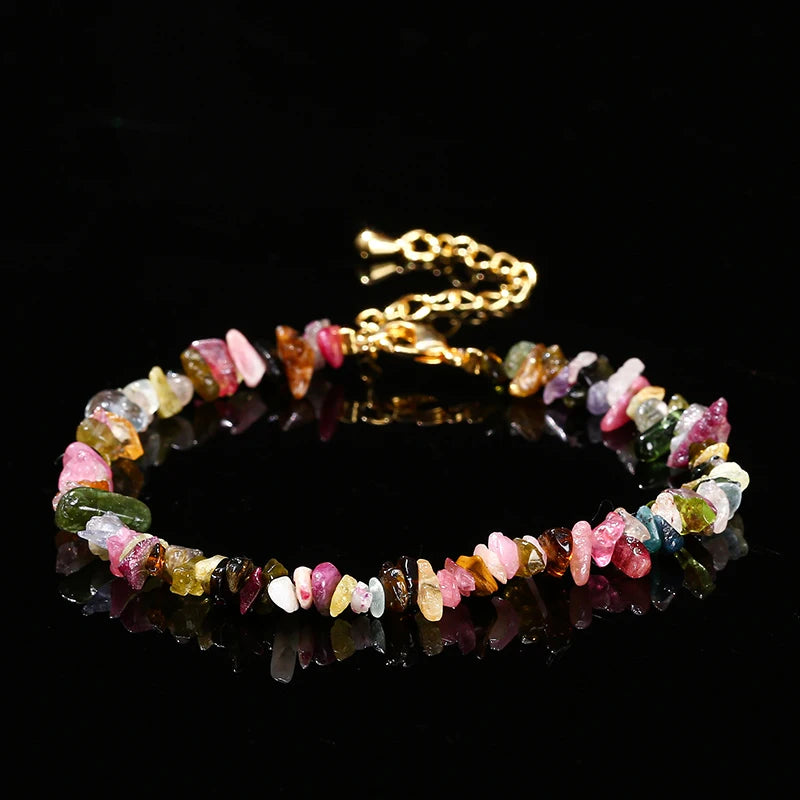 Women Adjustable Chip Natural Stone Mixed Tourmaline Gravel Lucky Chain Bracelet