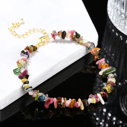 Women Adjustable Chip Natural Stone Mixed Tourmaline Gravel Lucky Chain Bracelet