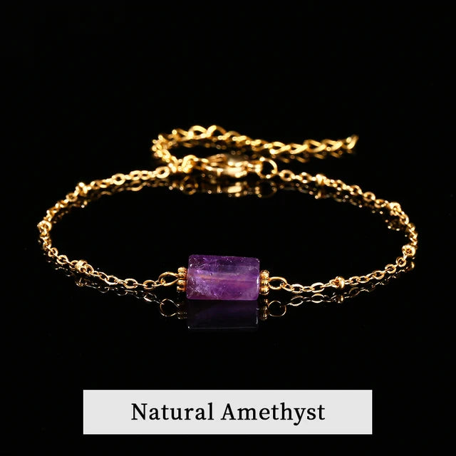 Natural Stone Quartz Amethyst Faceted Tube Bead Stainless Steel Gems Adjustable Bracelet