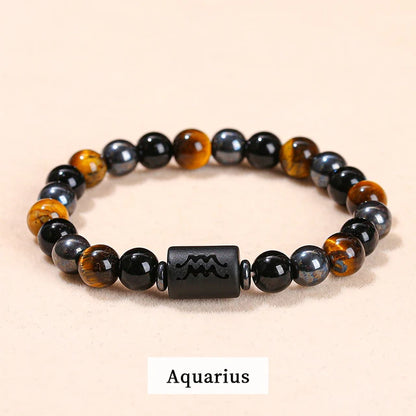 Men Women Natural Stone Yellow Tiger Eye Hematite 12 Zodiac Constellation Charm Bracelets