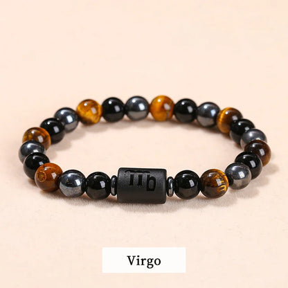 Men Women Natural Stone Yellow Tiger Eye Hematite 12 Zodiac Constellation Charm Bracelets