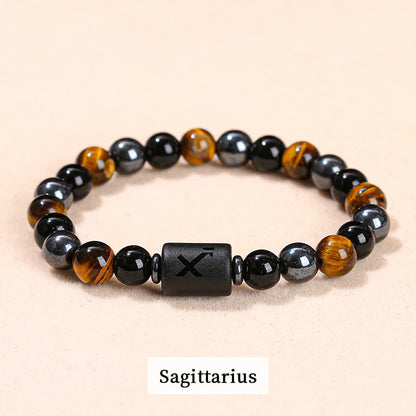 Men Women Natural Stone Yellow Tiger Eye Hematite 12 Zodiac Constellation Charm Bracelets