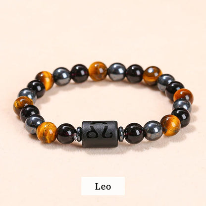 Men Women Natural Stone Yellow Tiger Eye Hematite 12 Zodiac Constellation Charm Bracelets