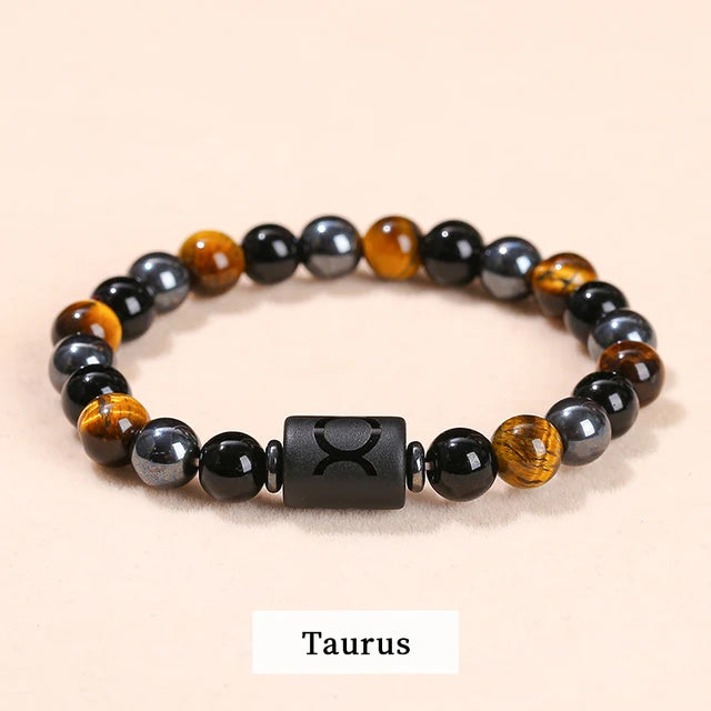 Men Women Natural Stone Yellow Tiger Eye Hematite 12 Zodiac Constellation Charm Bracelets