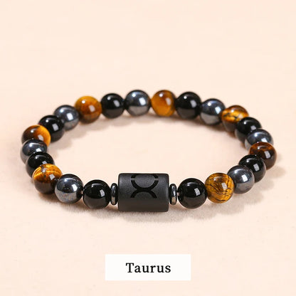 Men Women Natural Stone Yellow Tiger Eye Hematite 12 Zodiac Constellation Charm Bracelets