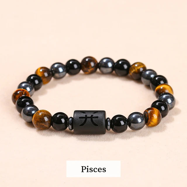 Men Women Natural Stone Yellow Tiger Eye Hematite 12 Zodiac Constellation Charm Bracelets