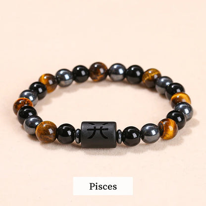 Men Women Natural Stone Yellow Tiger Eye Hematite 12 Zodiac Constellation Charm Bracelets