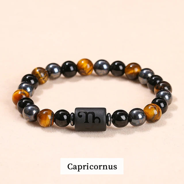 Men Women Natural Stone Yellow Tiger Eye Hematite 12 Zodiac Constellation Charm Bracelets