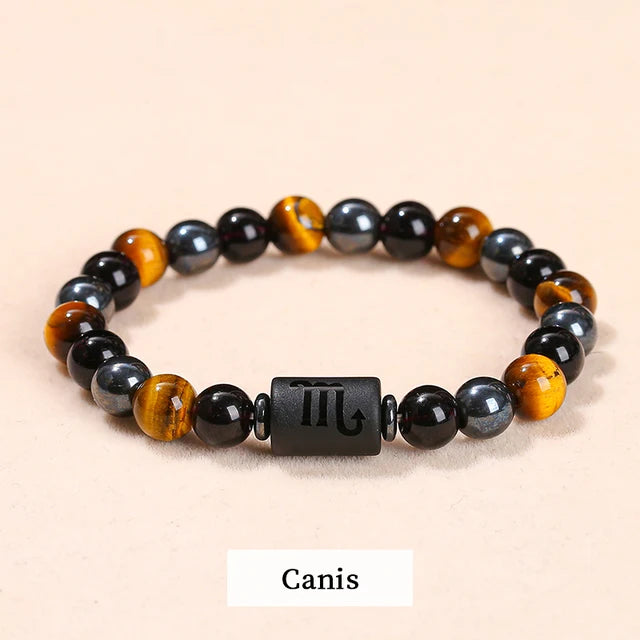 Men Women Natural Stone Yellow Tiger Eye Hematite 12 Zodiac Constellation Charm Bracelets