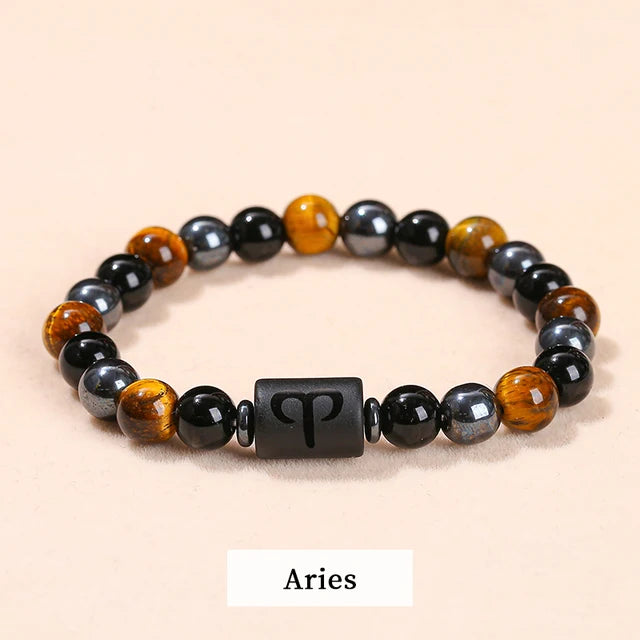 Men Women Natural Stone Yellow Tiger Eye Hematite 12 Zodiac Constellation Charm Bracelets