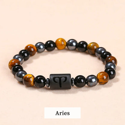 Men Women Natural Stone Yellow Tiger Eye Hematite 12 Zodiac Constellation Charm Bracelets