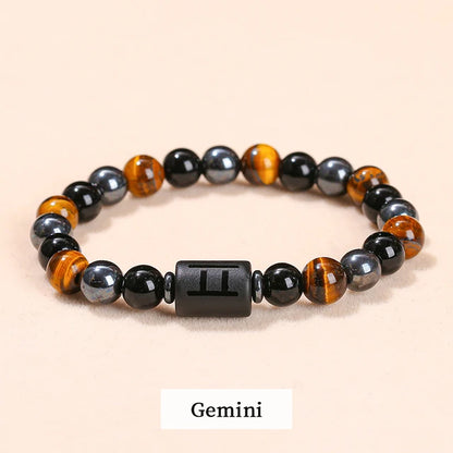 Men Women Natural Stone Yellow Tiger Eye Hematite 12 Zodiac Constellation Charm Bracelets