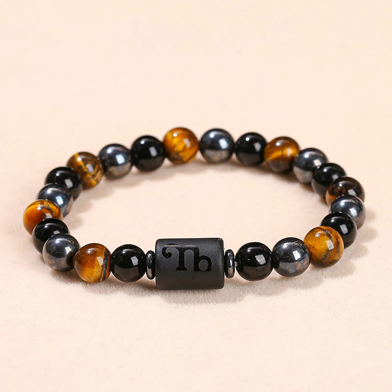 Men Women Natural Stone Yellow Tiger Eye Hematite 12 Zodiac Constellation Charm Bracelets