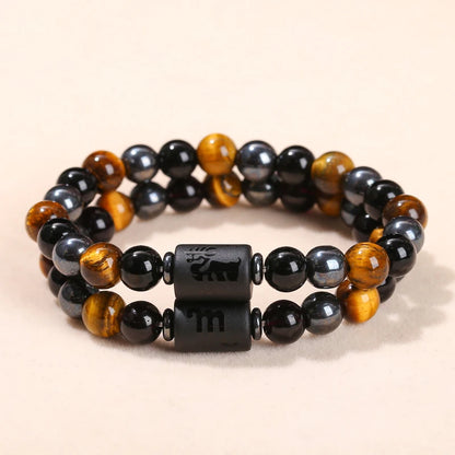 Men Women Natural Stone Yellow Tiger Eye Hematite 12 Zodiac Constellation Charm Bracelets