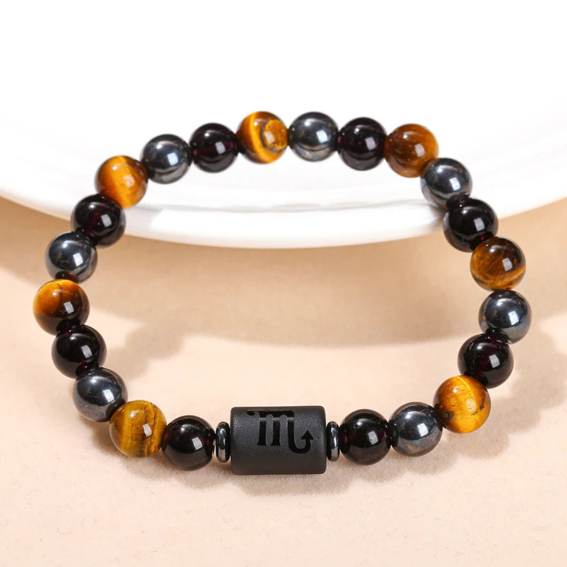 Men Women Natural Stone Yellow Tiger Eye Hematite 12 Zodiac Constellation Charm Bracelets