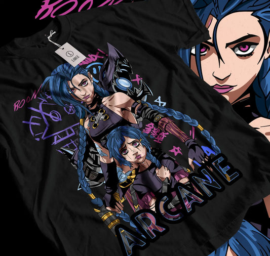 Jinx Arcane Japanese Anime Cartoon Jinx Black Tee Shirt