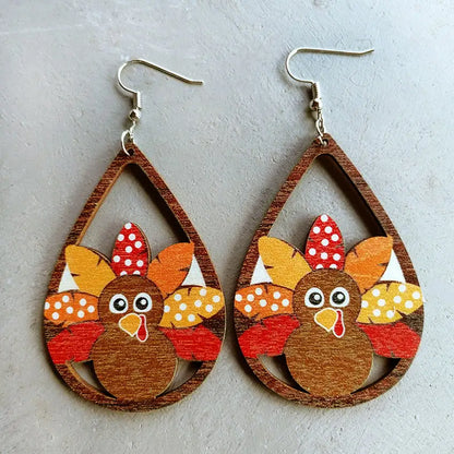 Women Laser Cut Wooden Turkey Party Earrings