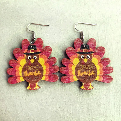 Women Laser Cut Wooden Turkey Party Earrings