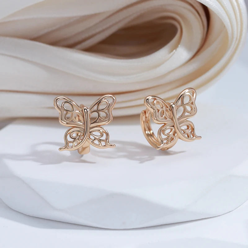 Women Luxury Butterfly Stud 585 Rose Gold Color Glossy Hollow Vintage Drop Earrings