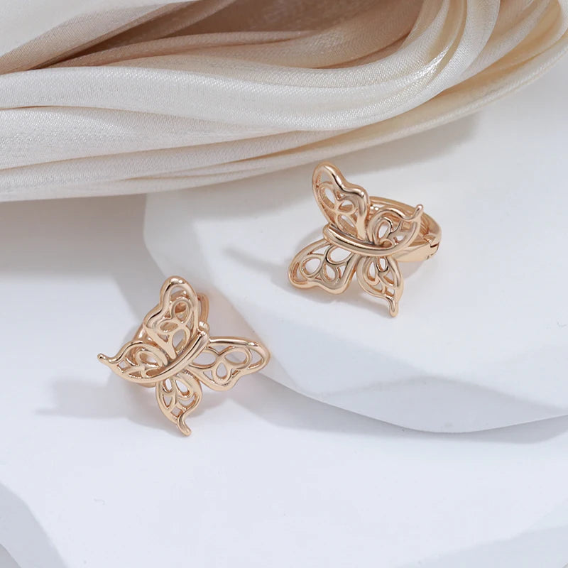 Women Luxury Butterfly Stud 585 Rose Gold Color Glossy Hollow Vintage Drop Earrings