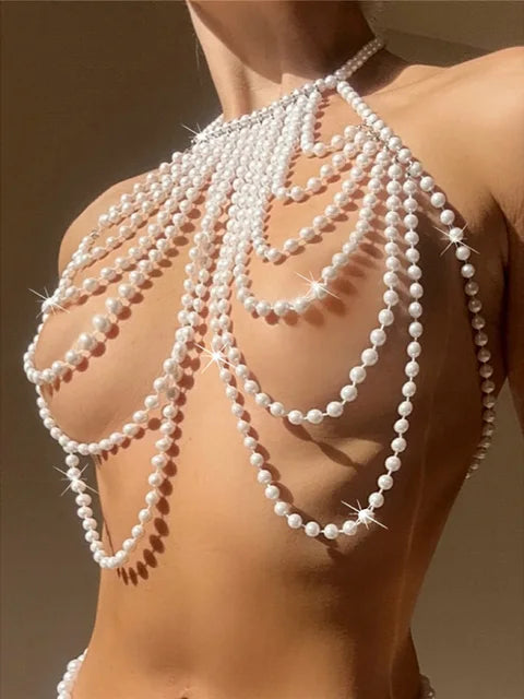 Women Luxury Pearls Halter Hollow Out See Through Bikini Swimsuit Bathing Tops